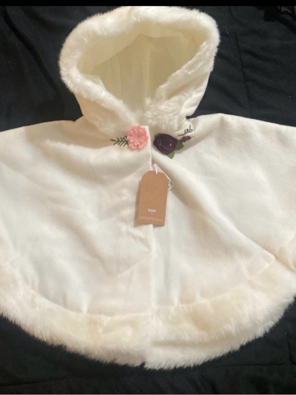 Savannah‎ Ivory Faux Fur Hooded Cape with Pink Floral Charm